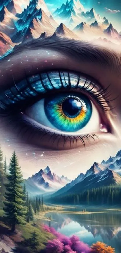 Digital art of a surreal eye with mountain landscape.