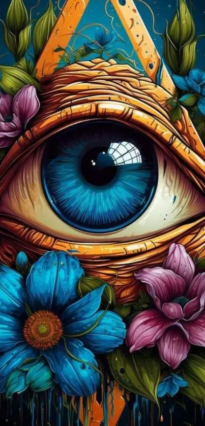 Digital artwork of a blue eye with vibrant, colorful flowers.