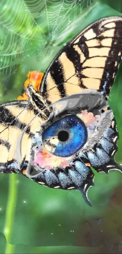 Surreal butterfly with eye design on leafy background.
