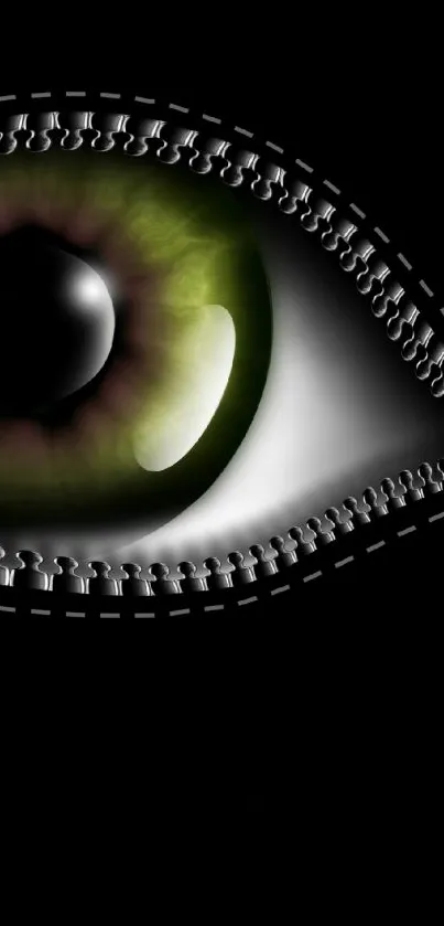 Mobile wallpaper showing an eye with zipper design on black background.