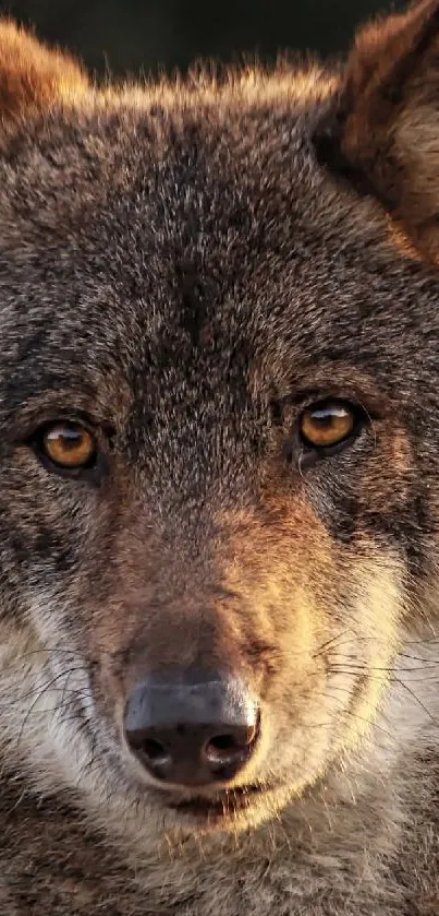 Close-up of a wild wolf's face with intense gaze in natural setting.