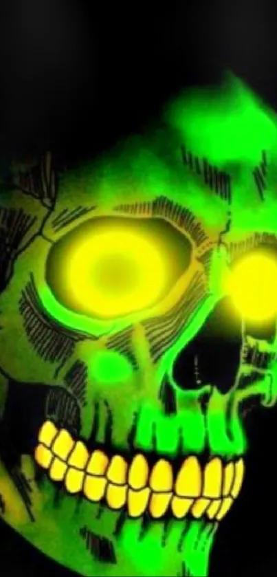 Neon green skull with glowing eyes and dark background wallpaper.