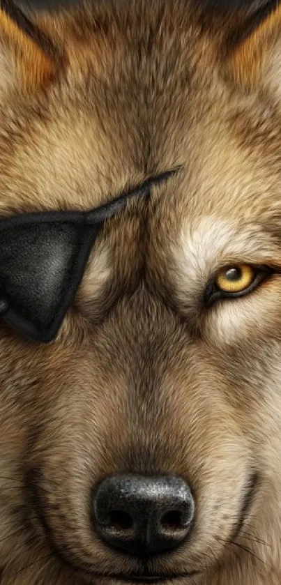 Majestic brown wolf with eye patch in striking wallpaper.