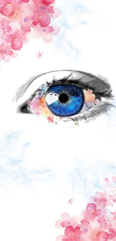 Blue eye with pink floral accents on a white background.