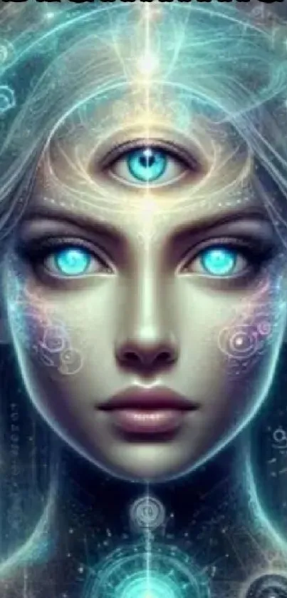 Futuristic mystical figure with glowing blue eyes and third eye in cosmic design.