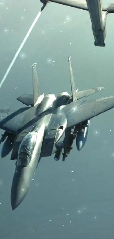 F-15 Eagle receiving fuel mid-air, showcasing aviation precision.