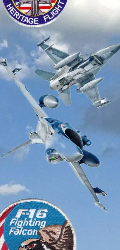 Two F-16 jets soaring in a vibrant blue sky.