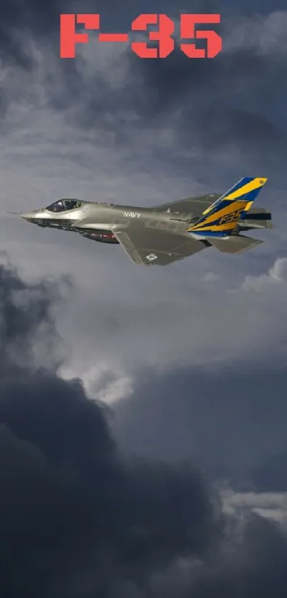 F-35 jet flying in stormy clouds, dramatic sky scene.