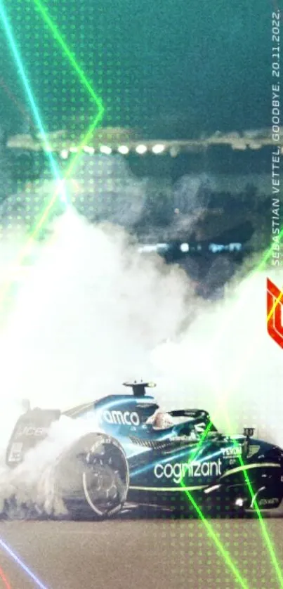 F1 car with smoke and vibrant lights at night.