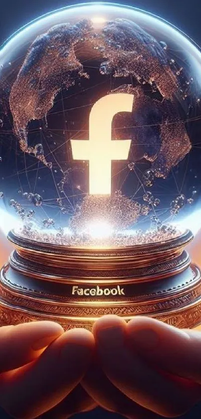 Hands holding a glowing globe with a Facebook logo inside.