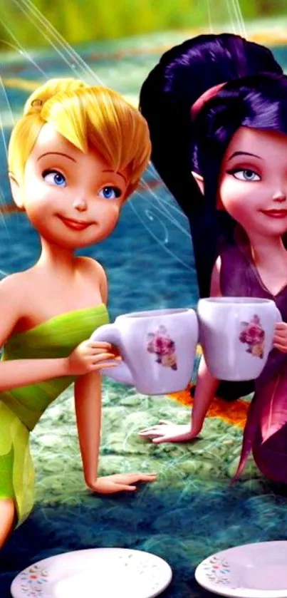 Two fairies enjoying tea in a serene forest setting.