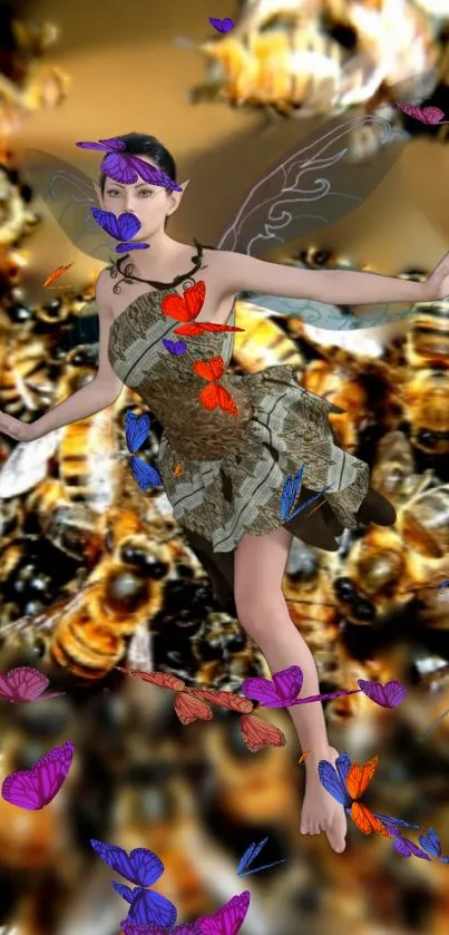 Fantasy fairy with bees and butterflies in vibrant mobile wallpaper.