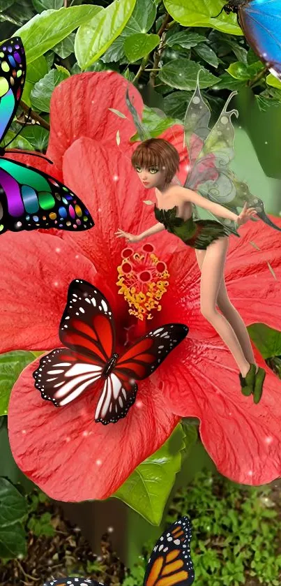 A fairy sitting on a red hibiscus surrounded by colorful butterflies.