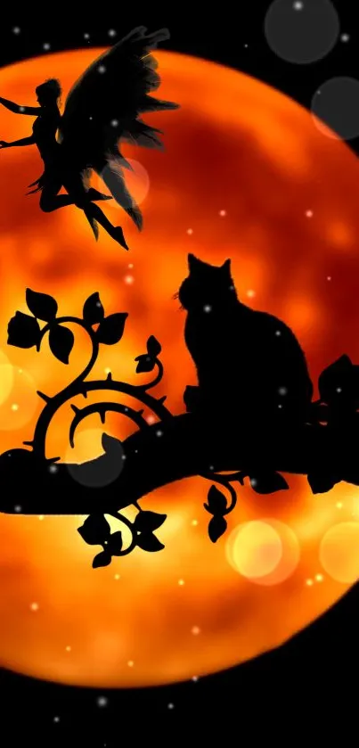 Silhouette of a fairy and cat against an orange moon in fantasy wallpaper.