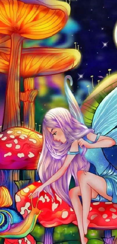 Fairy with mushrooms under a night sky.