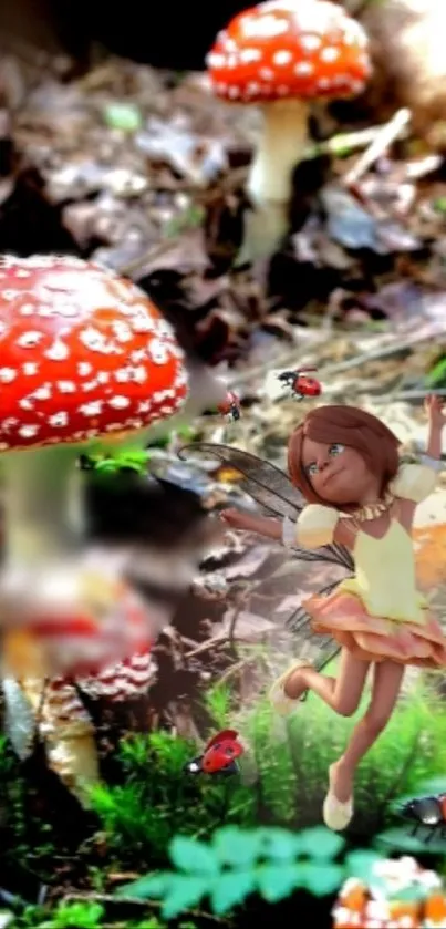 Fantasy wallpaper featuring a fairy with mushrooms in a lush, whimsical forest.