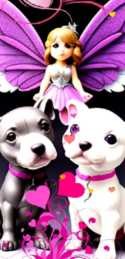 Fantasy wallpaper with fairy and two cute puppies.