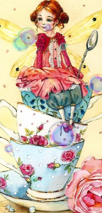 Whimsical fairy sits on floral teacups, delicate pastel tones throughout.