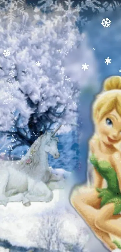 Fairy and unicorn with snowy background in winter scene.