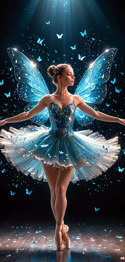 Ethereal fairy ballerina with blue wings and butterflies, dancing gracefully.