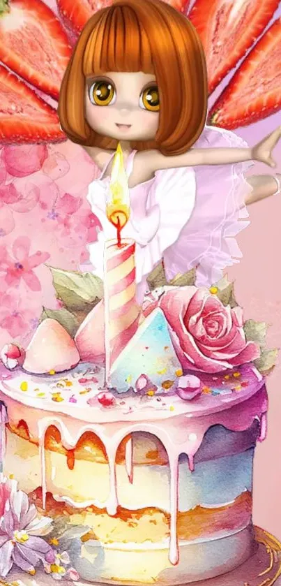 Whimsical fairy with strawberry wings on a birthday cake in a pink floral setting.
