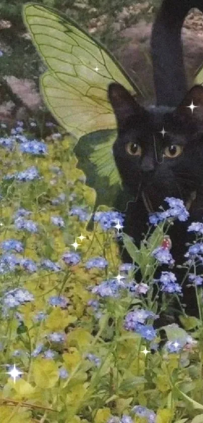 Black cat with fairy wings in a vibrant flower garden.