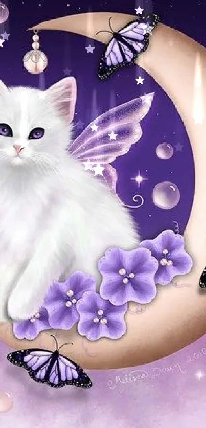 Cute white cat with wings sits on crescent moon with purple butterflies.