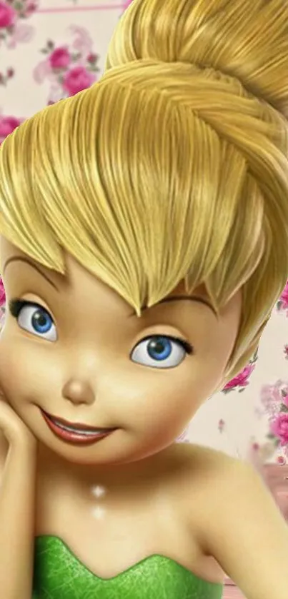 Blonde animated fairy character with floral background on a mobile wallpaper.