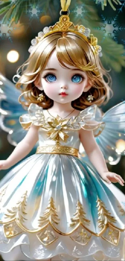 A fairy doll in a golden dress with wings, set in a magical background.