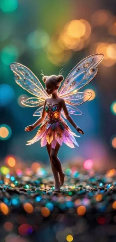 Fairy with illuminated wings in a magical setting.