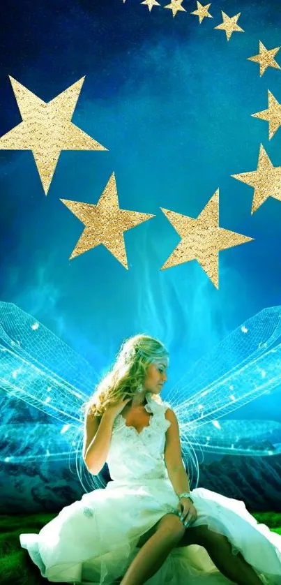 Ethereal fairy with stars on a blue background.