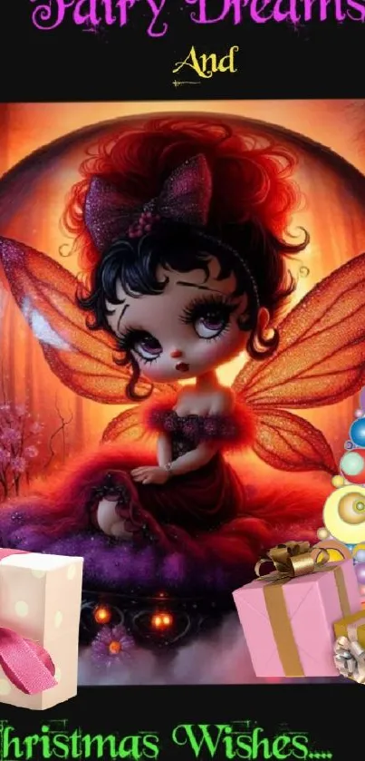 Fairy with festive gifts and colorful decor in a fantasy setting.