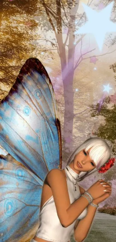 Fairy with blue wings in magical forest wallpaper.