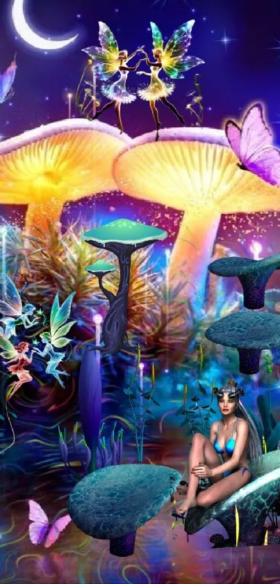 Enchanted forest with fairies and luminous mushrooms under a starry sky.