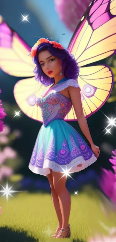 Fairy with colorful wings in a vibrant floral setting.