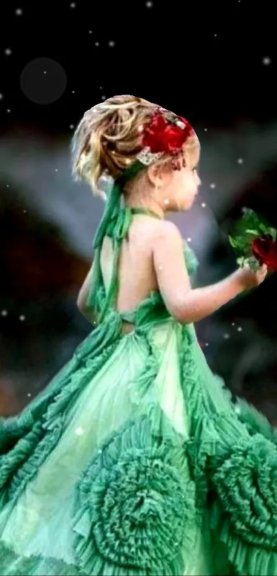 Magical girl in a green dress with stars.