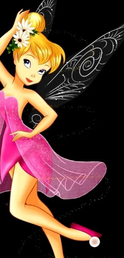 Whimsical fairy in a sparkling pink dress with elegant wings on a black background.