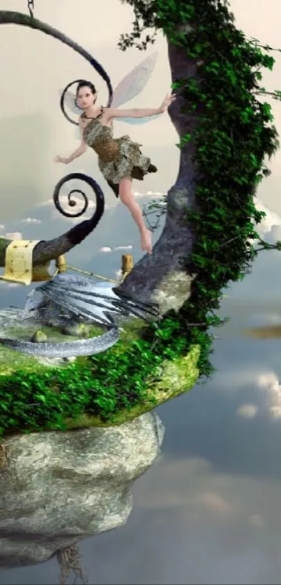 Fantasy wallpaper featuring a fairy on floating islands in the sky.