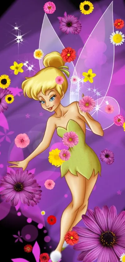 Magical fairy with flowers on purple background.