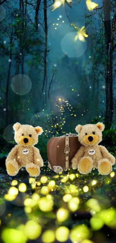 Teddy bears in a glowing fairy forest with fireflies.