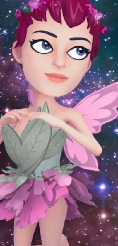 Whimsical fairy with wings in a galaxy background.