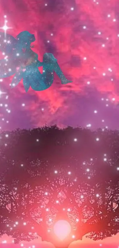 Magical fairy and galaxy scene above a mystical tree.