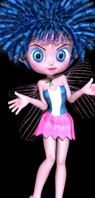 3D fairy girl with blue hair and a pink dress on black background.