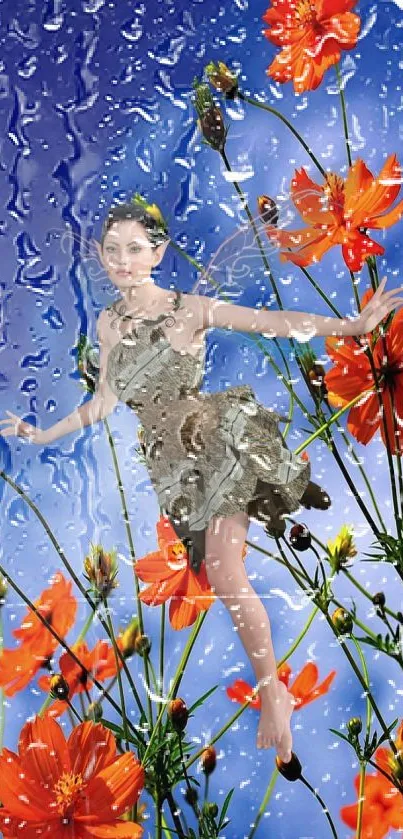 Fairy in rain with orange blossoms on vibrant wallpaper