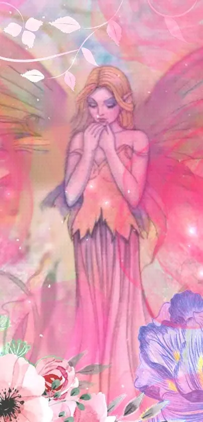 Fantasy art of fairy in pink with flowers.