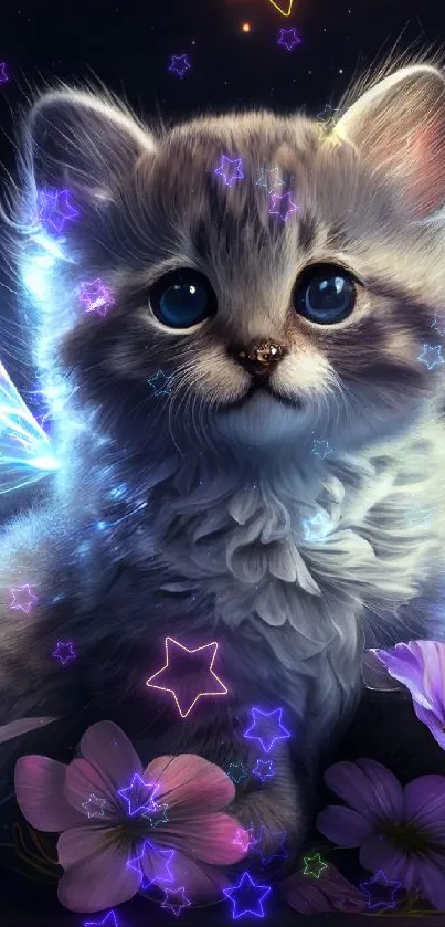 Fairy kitten with glowing wings amid flowers and a starry sky.