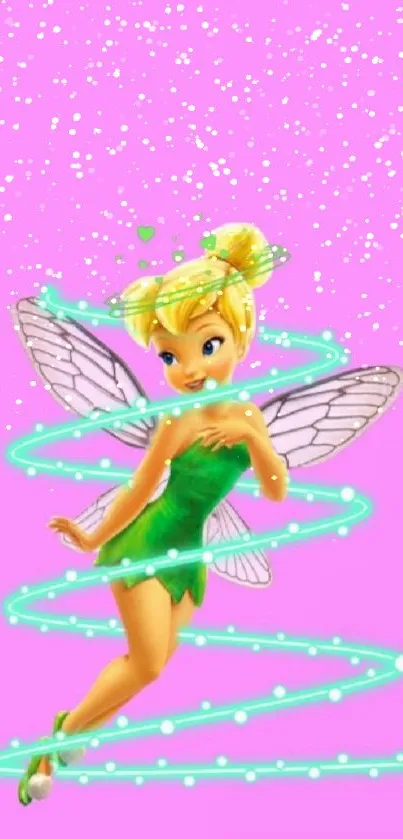 Fairy with magical wings on a pink background.