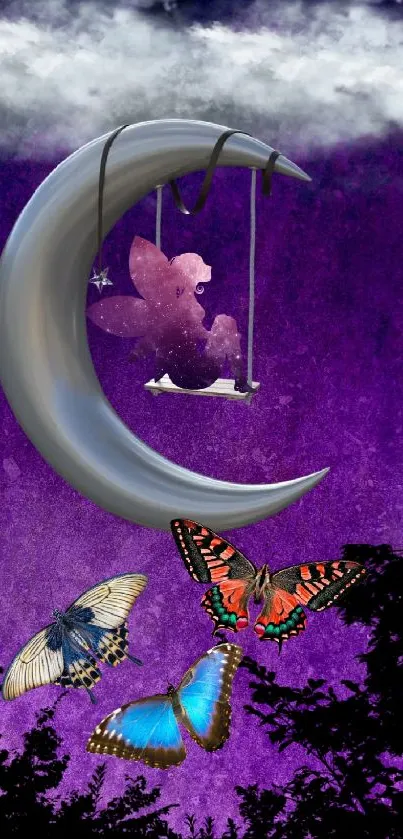 Fairy on a crescent moon with colorful butterflies in a purple night sky.