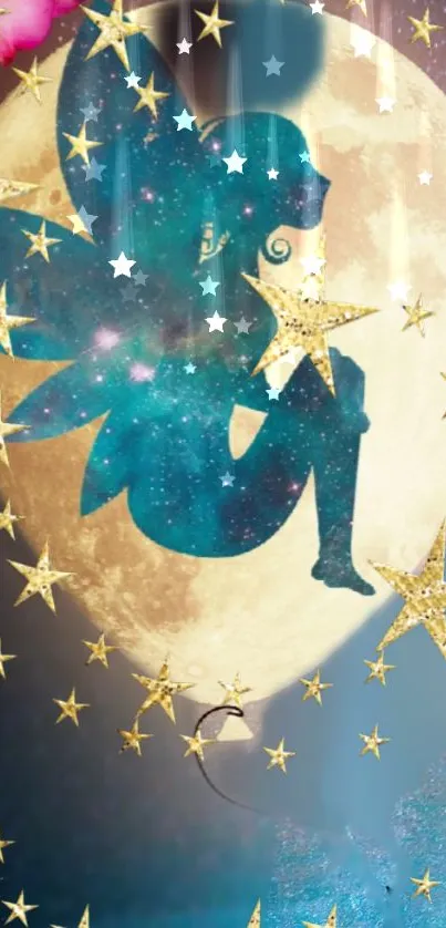 Fairy silhouette with stars and moon on mobile wallpaper.