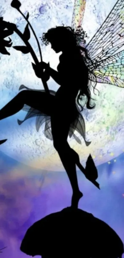 Silhouette of a fairy against a moonlit sky in vibrant, mystical colors.